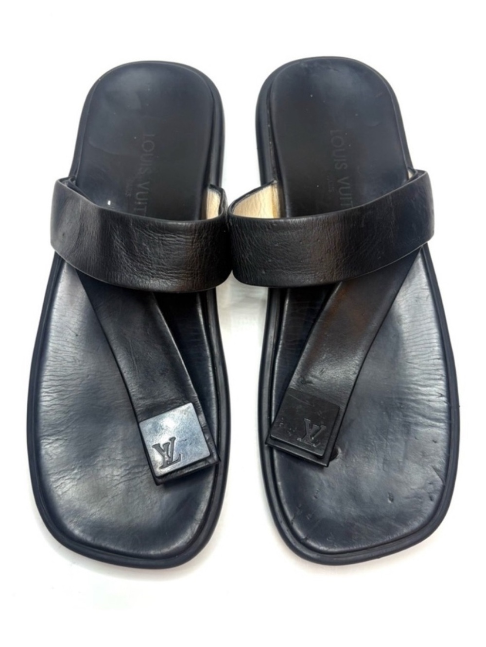 Louis Vuitton Black Leather Toe Post Sandals | 40